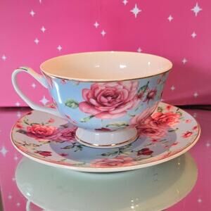 Brew to a Tea BTaT 4 oz Tea Cup 6" Saucer Chintz Blue Flowers Gold Trim.